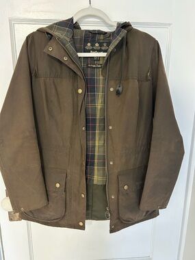 Barbour Brown Hooded Waxed Cotton Field Jacket with Tartan Lining